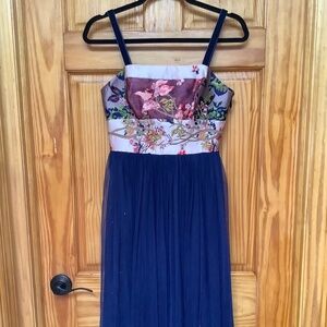 Anthropologie Moulinette Soeurs Brocade Tulle Party Dress Size 0 Navy Blue Pink